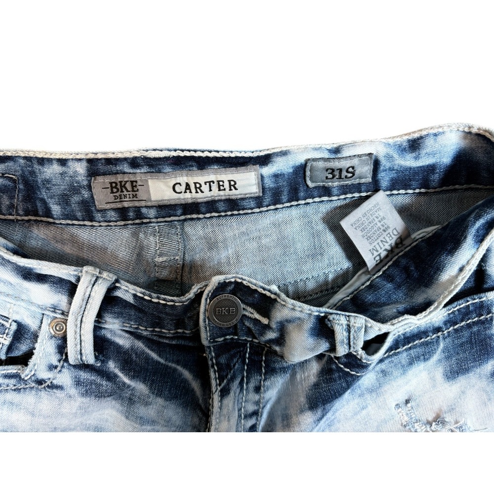 BKE Buckle‎ Carter Jeans Men 33x30 Blue Denim Acid Wash Fade Straight Distressed - Picture 3 of 6
